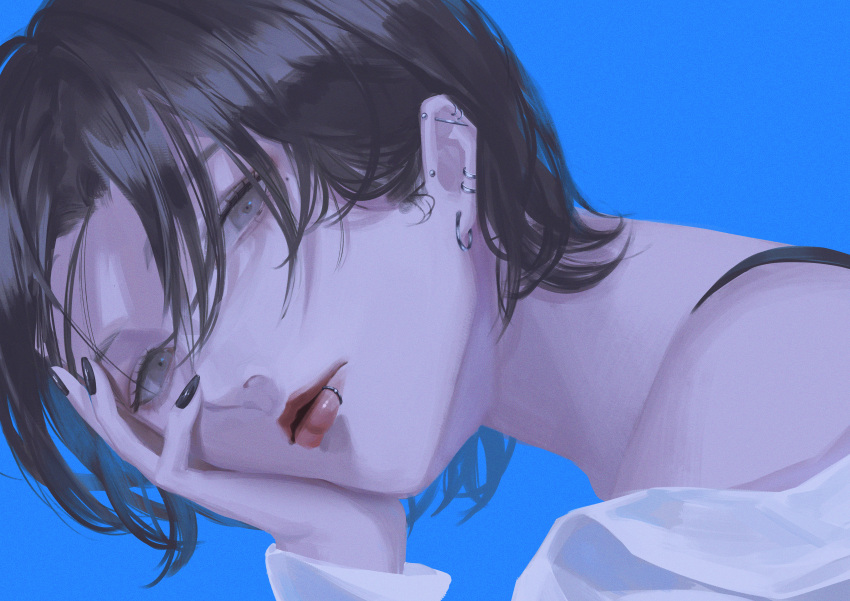 1girl, absurdres, barbell_piercing, black_hair, black_nails, blue_background, commentary, doloyume