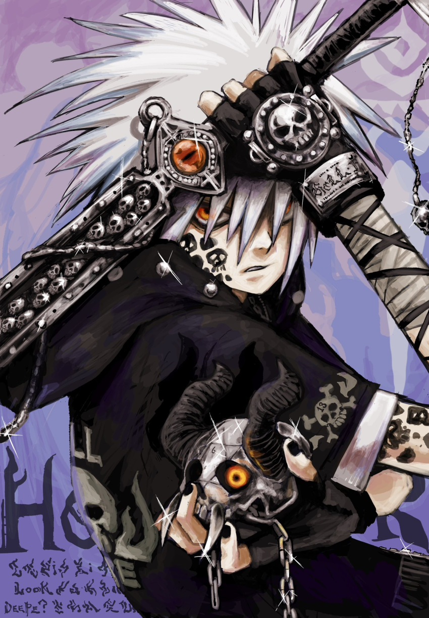 1boy, angry, animal_skull, bandaged_arm, bandages, black_gloves, black_hoodie, black_nails