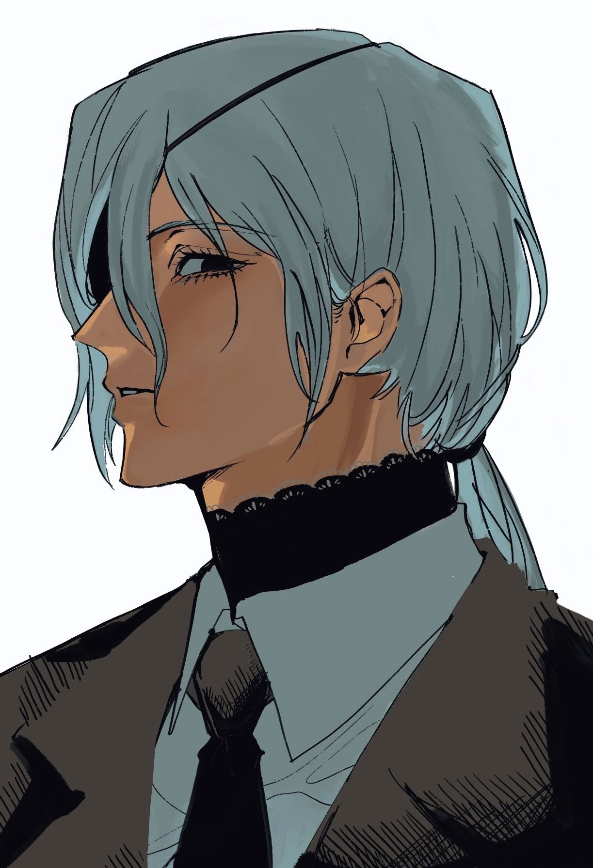 1girl, black_necktie, braid, braided_ponytail, business_suit, chainsaw_man, dolphin_cat, eyepatch