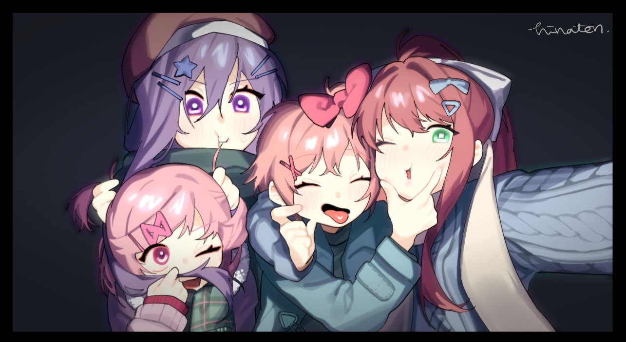 4girls, artist_name, black_border, blue_jacket, blush, border, bow, bright_pupils