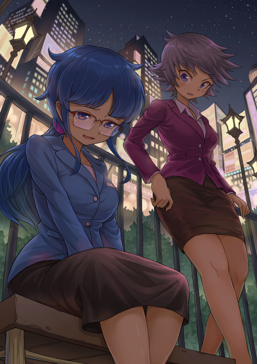 2girls, absurdres, black_skirt, blue_hair, blue_jacket, city_lights, from_below, grey_hair