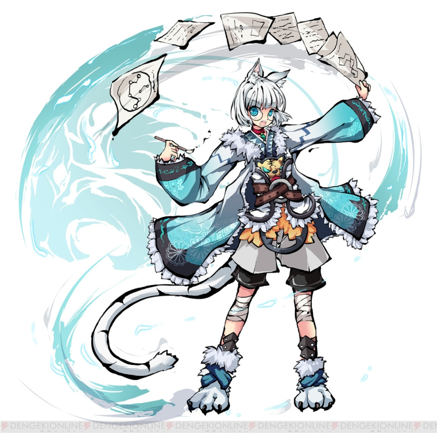 1boy, animal_ear_fluff, animal_ears, bandaged_leg, bandages, belt, blue_eyes, byakko_(himegami_kagura)