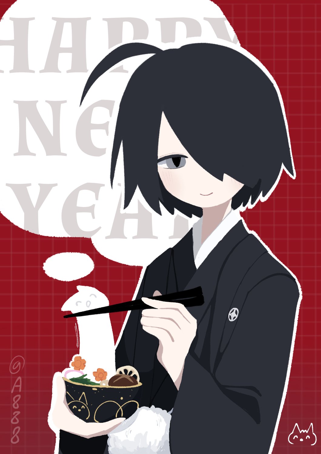 1boy, ahoge, awawah88, black_hair, black_kimono, bowl, chopsticks, closed_mouth