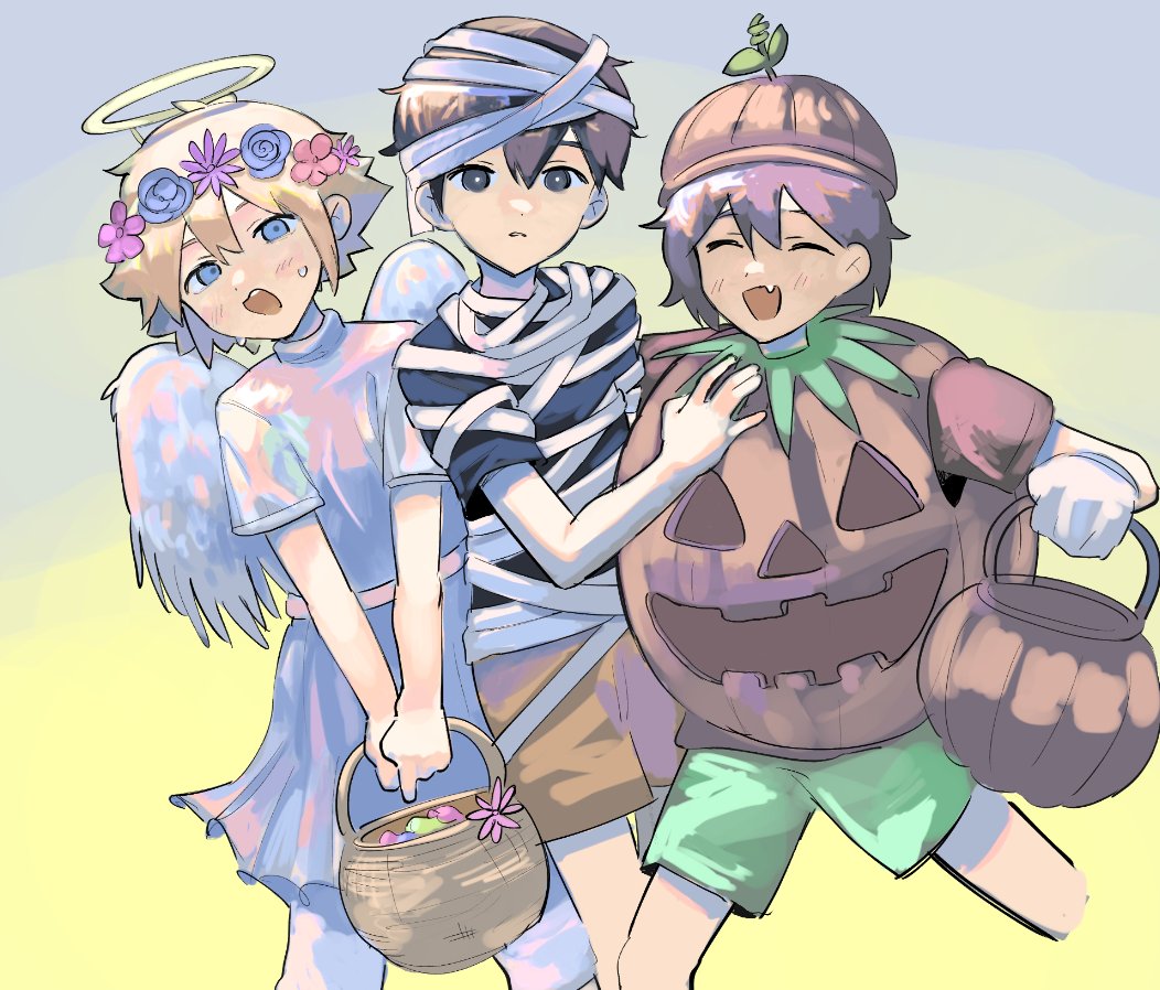 3boys, alternate_costume, angel_wings, basil_(faraway)_(omori), basil_(omori), basket, black_eyes, black_hair