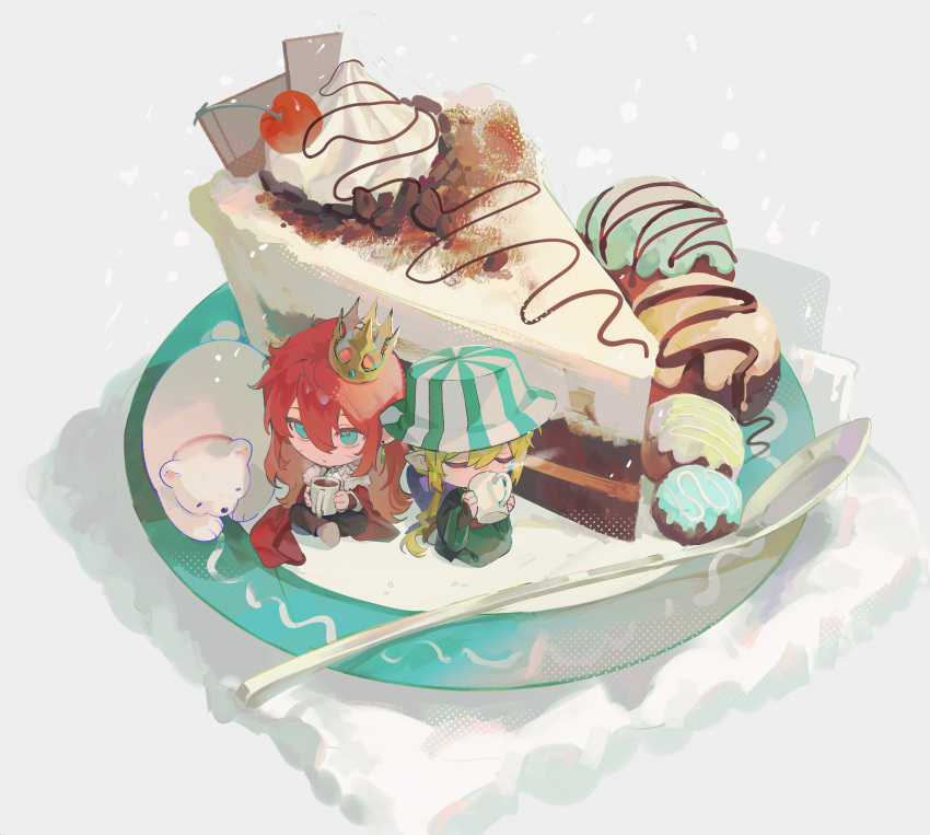 2boys, alternate_hair_length, alternate_hairstyle, androgynous, animal, animification, bear, bird_boy, bird_wings, black_wings, blonde_hair, blue_eyes, bucket_hat, cake, cake_slice, cape, cherry, chibi, chibi_only, chinese_commentary, closed_eyes, commentary_request, crown, cup, dream_smp, drinking, food, food_focus, fruit, fur-trimmed_cape, fur_trim, gold_crown, green_hat, green_kimono, hair_between_eyes, hat, highres, holding, holding_cup, humanization, japanese_clothes, kimono, long_hair, long_sleeves, luogu, male_focus, minecraft_youtube, mini_person, miniboy, mug, multiple_boys, oversized_food, oversized_object, ph1lza, pink_hair, plate, pointed_crown, pointy_ears, polar_bear, red_cape, shirt, sitting, spoon, steve_(dream_smp), striped_clothes, striped_headwear, technoblade, two-tone_hat, undersized_animal, vertical-striped_clothes, vertical-striped_headwear, white_hat, white_shirt, wings