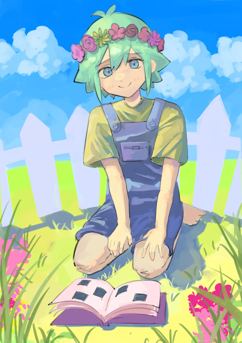 1boy, absurdres, antenna_hair, barefoot, basil_(headspace)_(omori), basil_(omori), blue_overalls, blush