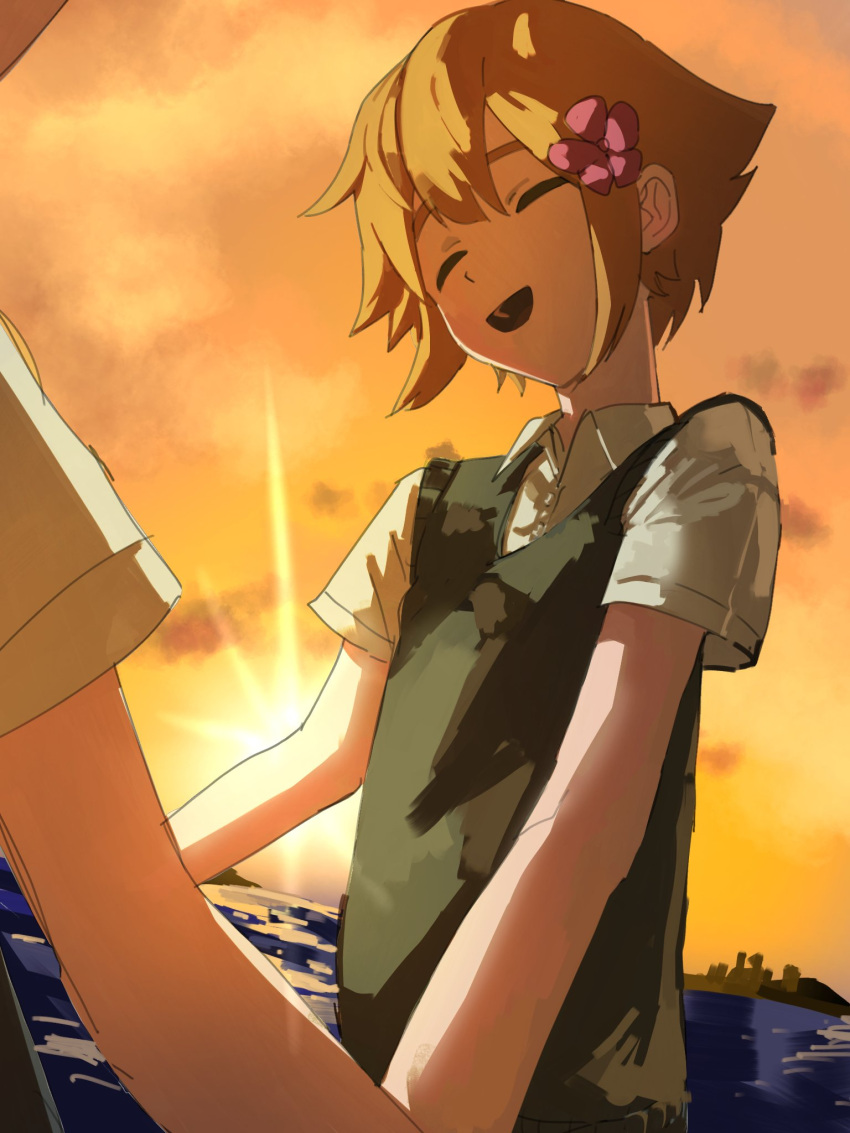 2boys, basil_(faraway)_(omori), basil_(omori), closed_eyes, collared_shirt, double-parted_bangs, evening, flower
