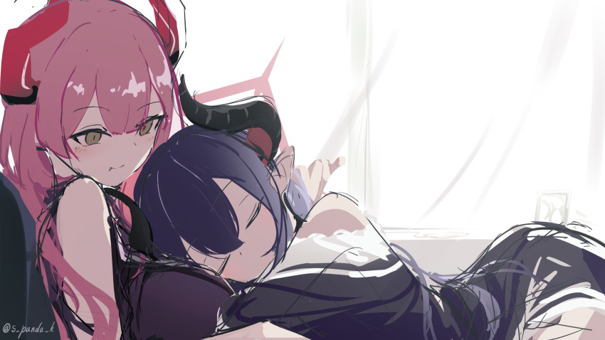 2girls, alternate_costume, artist_name, black_necktie, black_shirt, blue_archive, chiaki_(blue_archive), closed_eyes