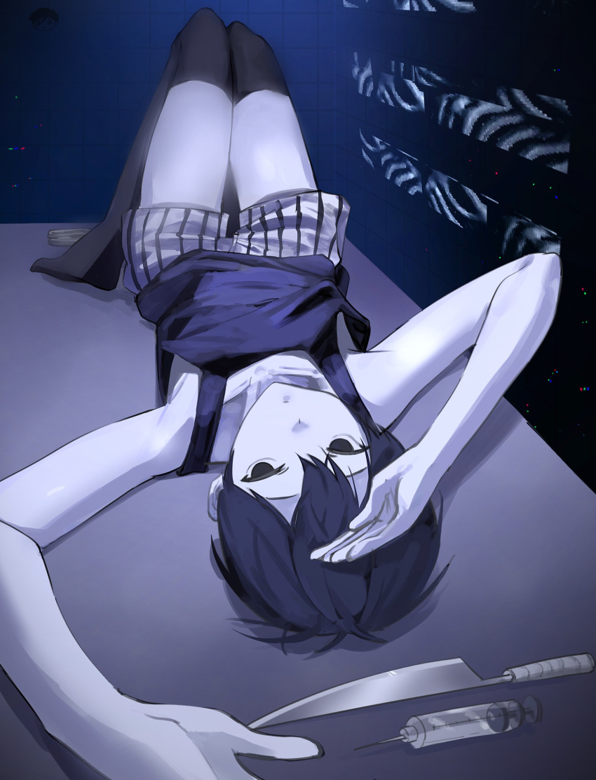 1boy, antenna_hair, arms_up, black_eyes, black_hair, black_shorts, black_tank_top, black_thighhighs