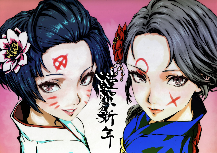 2girls, absurdres, black_hair, brown_eyes, facepaint, grey_hair, hair_ornament, happy_new_year