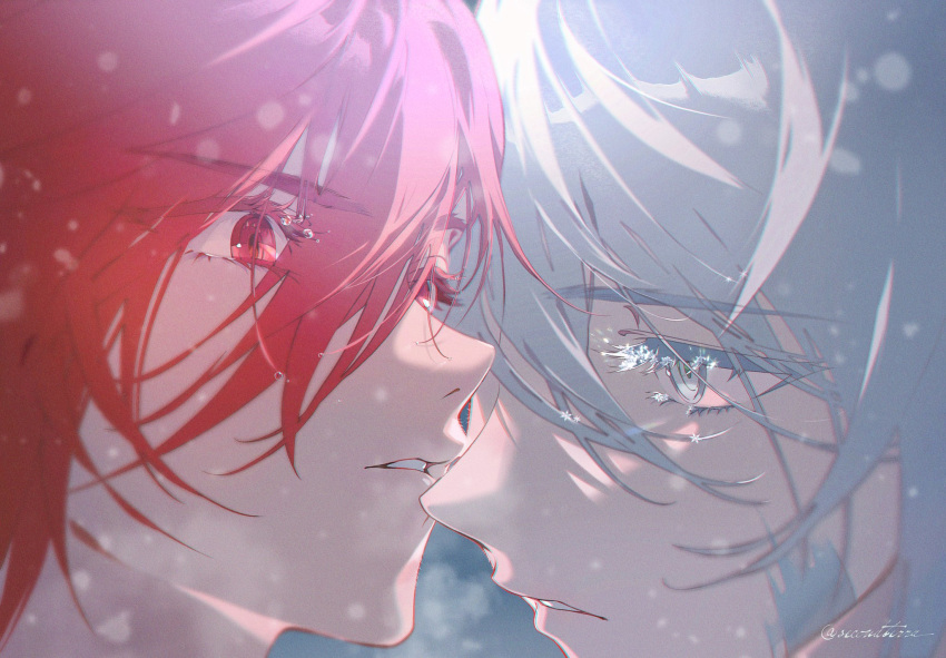 2boys, ainchase_ishmael, artist_name, chromatic_aberration, close-up, commentary_request, elsword, elsword_(character)