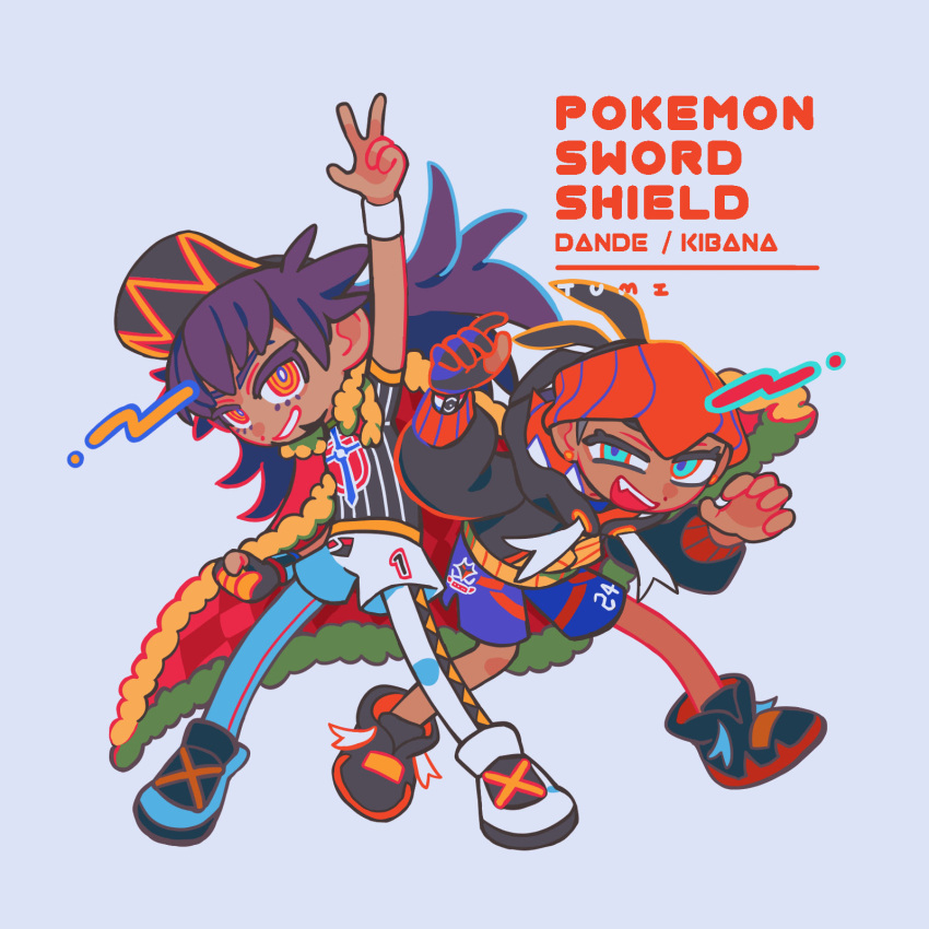 2boys, aqua_eyes, arm_up, artist_name, black_gloves, black_hair, black_hat, black_hoodie, black_shirt, black_shoes, blue_shorts, cape, champion_uniform, character_name, charizard_pose, checkered_cape, checkered_clothes, claw_pose, commentary_request, dark-skinned_female, dark_skin, dot_nose, eyelashes, fang, fur-trimmed_cape, fur_trim, gloves, grey_background, hat, highres, hood, hood_down, hoodie, jep5e, leon_(pokemon), long_hair, long_sleeves, male_focus, mismatched_facial_hair, multiple_boys, open_mouth, orange_hat, partially_fingerless_gloves, pokemon, pokemon_swsh, purple_hair, raihan_(pokemon), red_cape, ringed_eyes, shirt, shoes, short_hair, short_sleeves, shorts, simple_background, single_glove, smile, teeth, upper_teeth_only, w, white_shoes, white_shorts, wristband, yellow_eyes