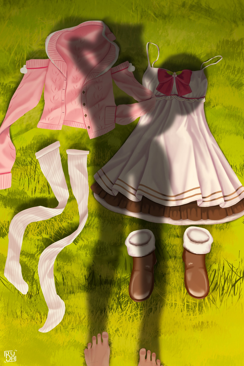 absurdres, ayunda_risu, clothes_focus, clothes_on_floor, dressed_shadow_(meme), grass, highres, hololive