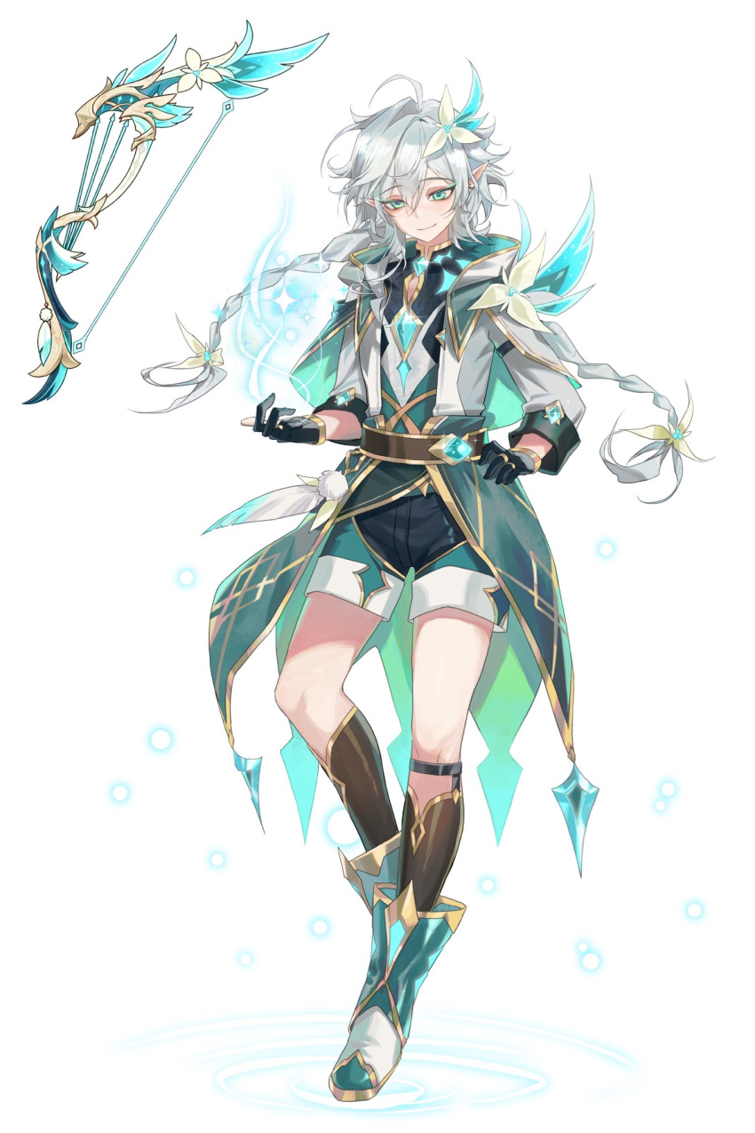 1boy, aerokinesis, ahoge, belt, black_gloves, black_shorts, boots, bow_(weapon)