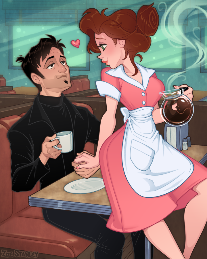 1boy, annie_hughes, apron, black_hair, brown_hair, coffee, coffee_mug, cup