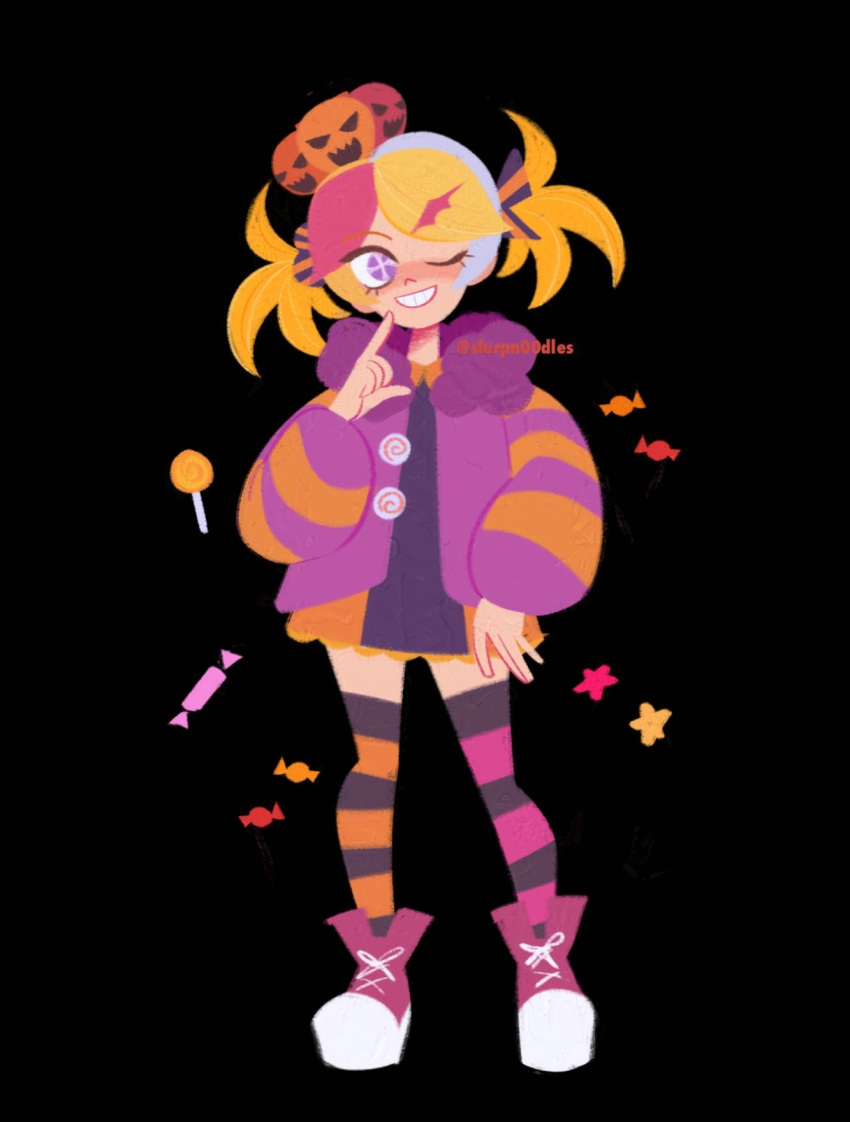 +_-, 1girl, aqua_hair, black_background, black_dress, blonde_hair, blush, candy