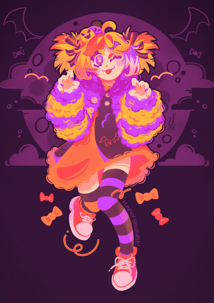 1girl, ;3, absurdres, ahoge, black_wings, candy, claw_pose, clouds