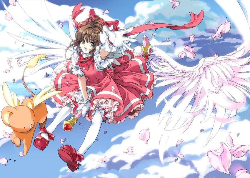 arm_up, brown_hair, card_captor_sakura, cardcaptor_sakura, child, dress, flying, frills