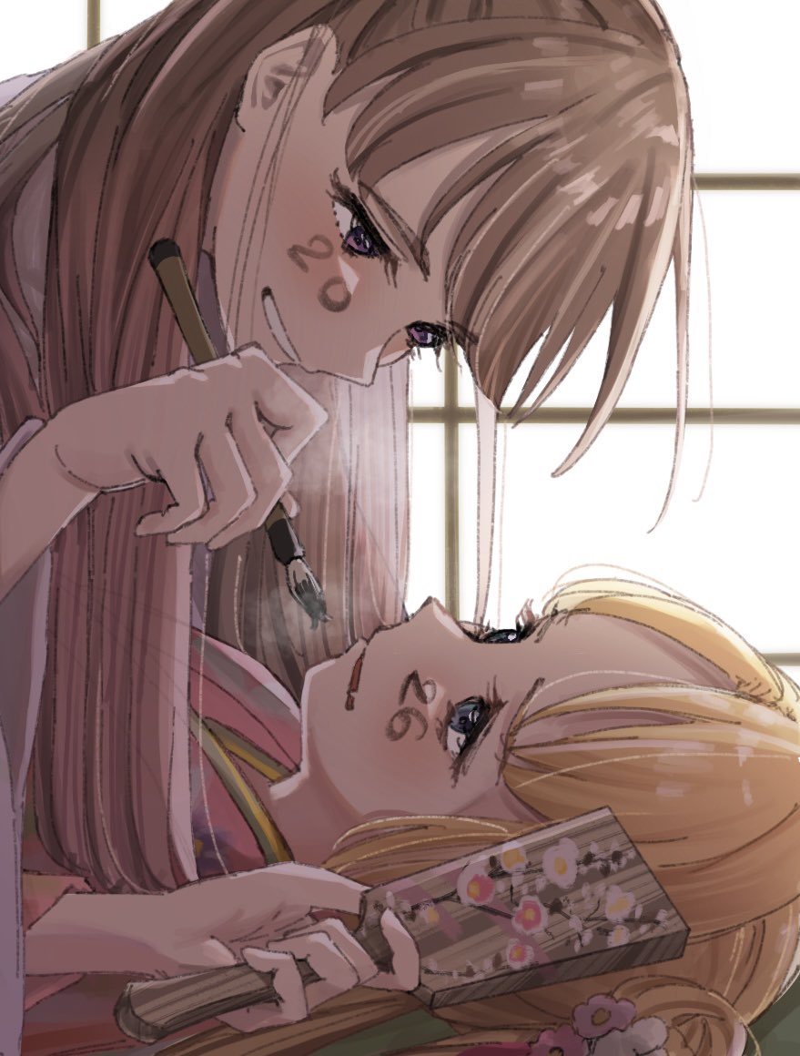 2026, 2girls, backlighting, blonde_hair, brown_hair, calligraphy_brush, commentary_request, double_bun