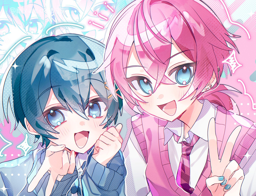 2boys, amptakxcolors, blue_eyes, blue_hair, blue_nails, blush, clenched_hand, ear_piercing