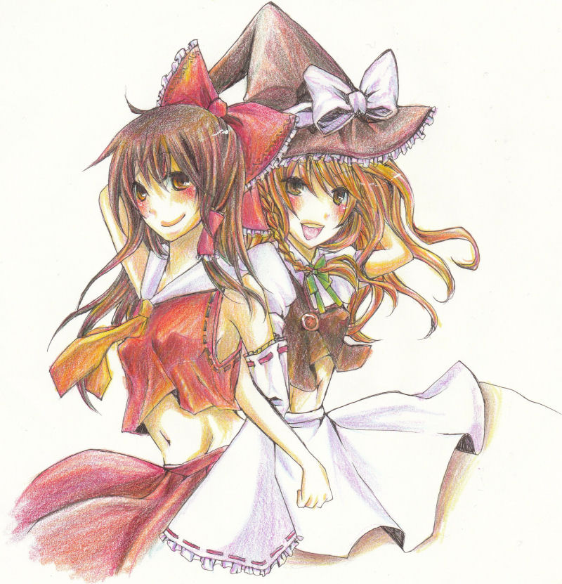 adjusting_hair, apon, arm_up, ascot, back-to-back, back_to_back, blonde_hair, blush, bow, braid, brown_hair, colored_pencil_(medium), crop_top, detached_sleeves, friends, frills, hair_bow, hair_ribbon, hakurei_reimu, hat, kaze_yaku, kirisame_marisa, locked_arms, long_hair, midriff, multiple_girls, navel, open_mouth, orange_eyes, ribbon, side_braid, smile, touhou, traditional_media, witch_hat, yellow_eyes