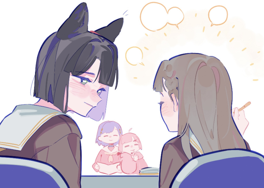 4girls, =_=, ^_^, animal_ears, anyoji_hime, black_hair, blank_speech_bubble, blunt_bangs