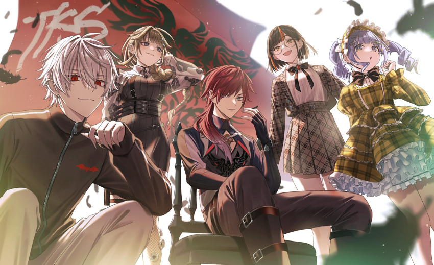 2boys, 3girls, belt, black_belt, black_bow, black_bowtie, black_feathers, black_hair