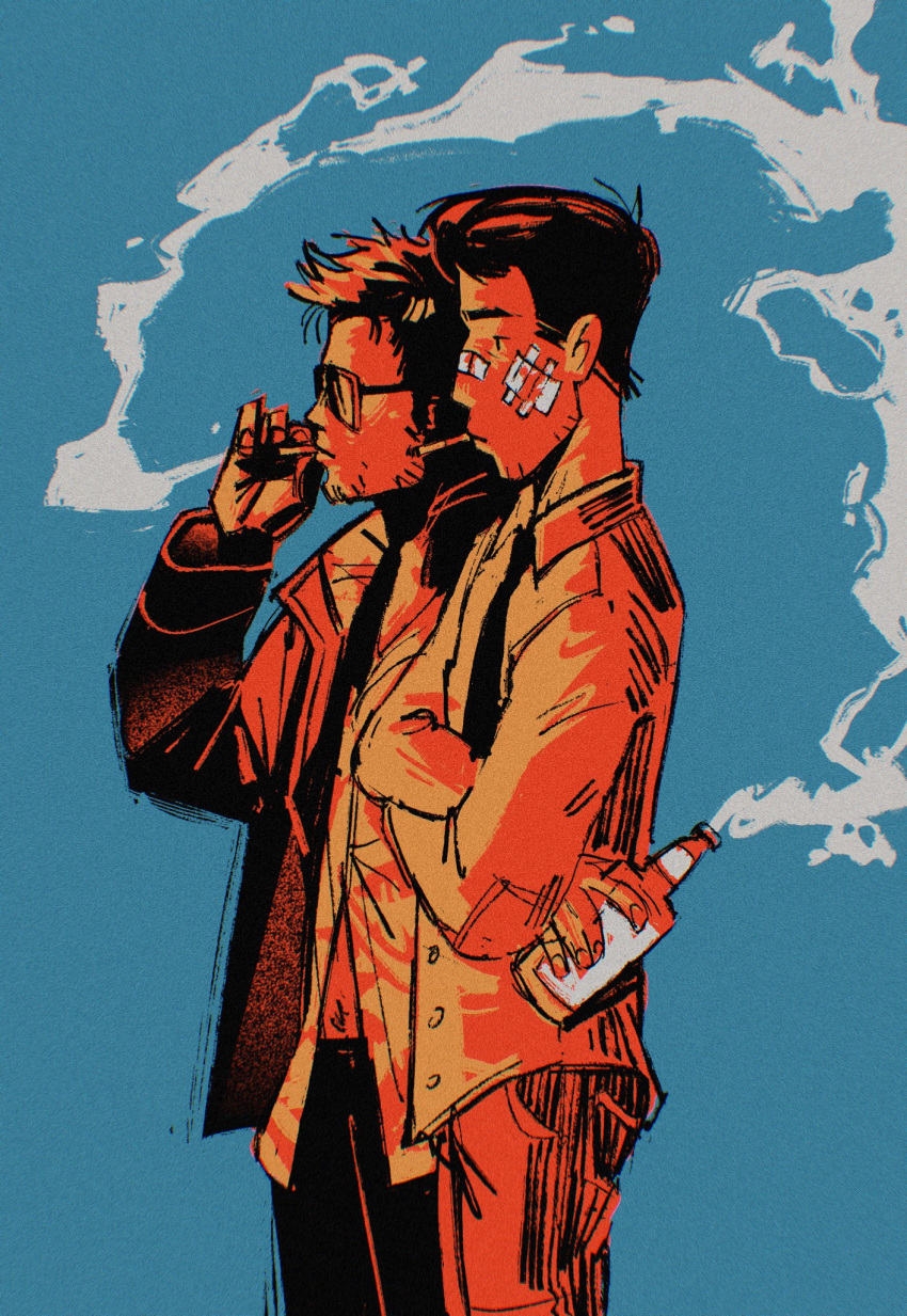 2boys, alcohol, bandages, cigarette, dual_persona, fight_club, highres, holding