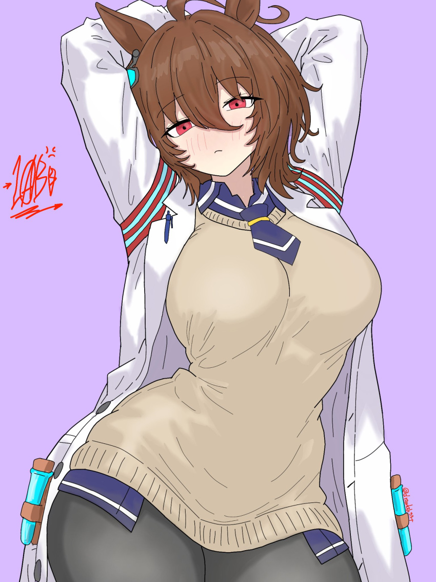 1girl, agnes_tachyon_(tach-nology)_(umamusume), agnes_tachyon_(umamusume), ahoge, animal_ears, arms_up, black_pantyhose, blue_necktie