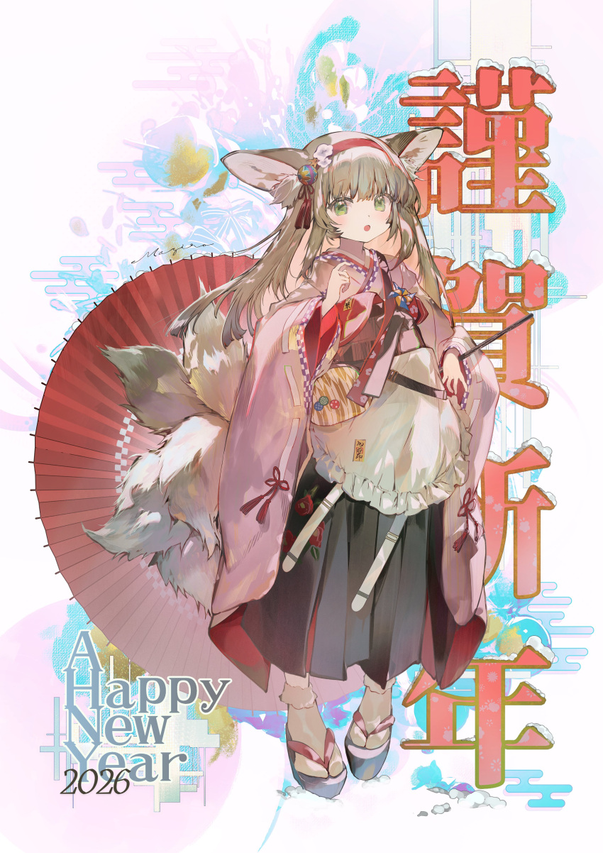 1girl, 2026, absurdres, animal_ear_fluff, animal_ears, apron, arknights, black_skirt, blonde_hair, blush, commentary, english_commentary, fox_ears, fox_girl, fox_tail, green_eyes, hairband, happy_new_year, highres, holding, holding_umbrella, japanese_clothes, kimono, long_hair, majiro_(mazurka), multiple_tails, official_alternate_costume, open_mouth, pink_kimono, red_hairband, red_umbrella, sandals, skirt, suzuran_(arknights), suzuran_(yukibare)_(arknights), tabi, tail, umbrella, white_apron, wide_sleeves