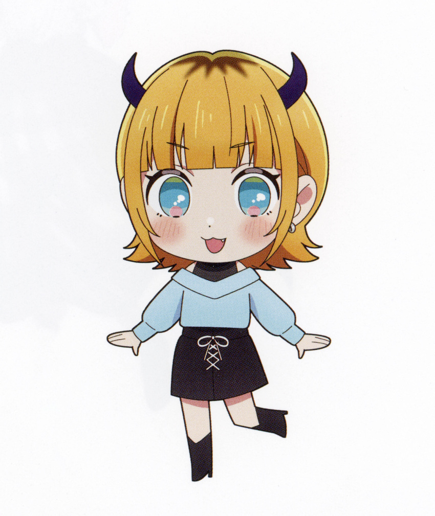 1girl, :3, absurdres, black_boots, black_skirt, blonde_hair, blue_eyes, blue_shirt