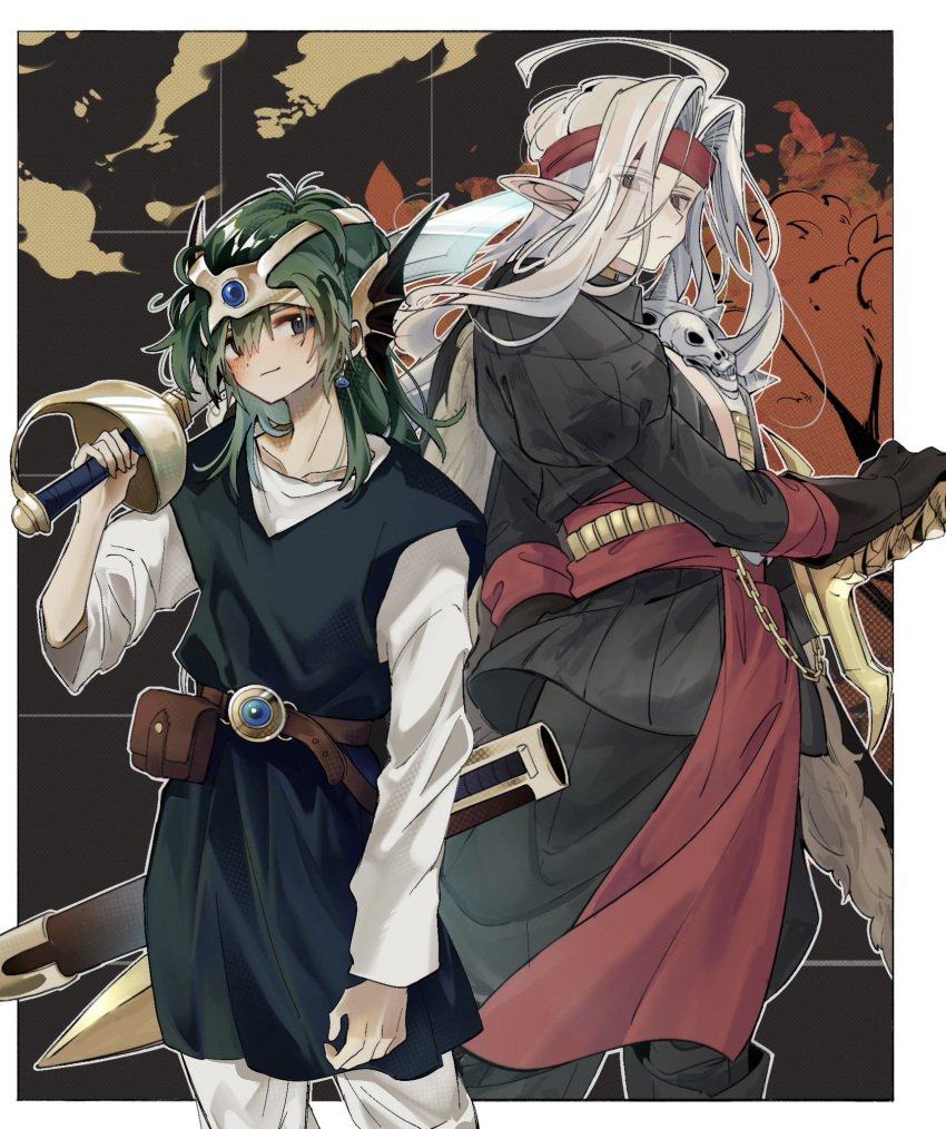 2boys, ahoge, belt, black_gloves, black_jacket, black_pants, black_tunic, blue_gem