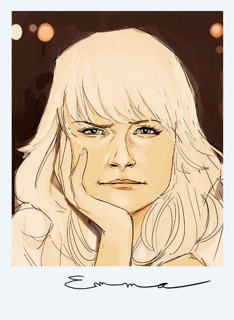 1girl, blonde_hair, blue_eyes, blurry, blurry_background, character_name, character_signature, emma_frost, expressionless, faux_retro_artstyle, hand_on_own_chin, hand_on_own_face, looking_at_viewer, marvel, phil_noto, picture_frame, portrait, retro_artstyle, signature, solo, x-men