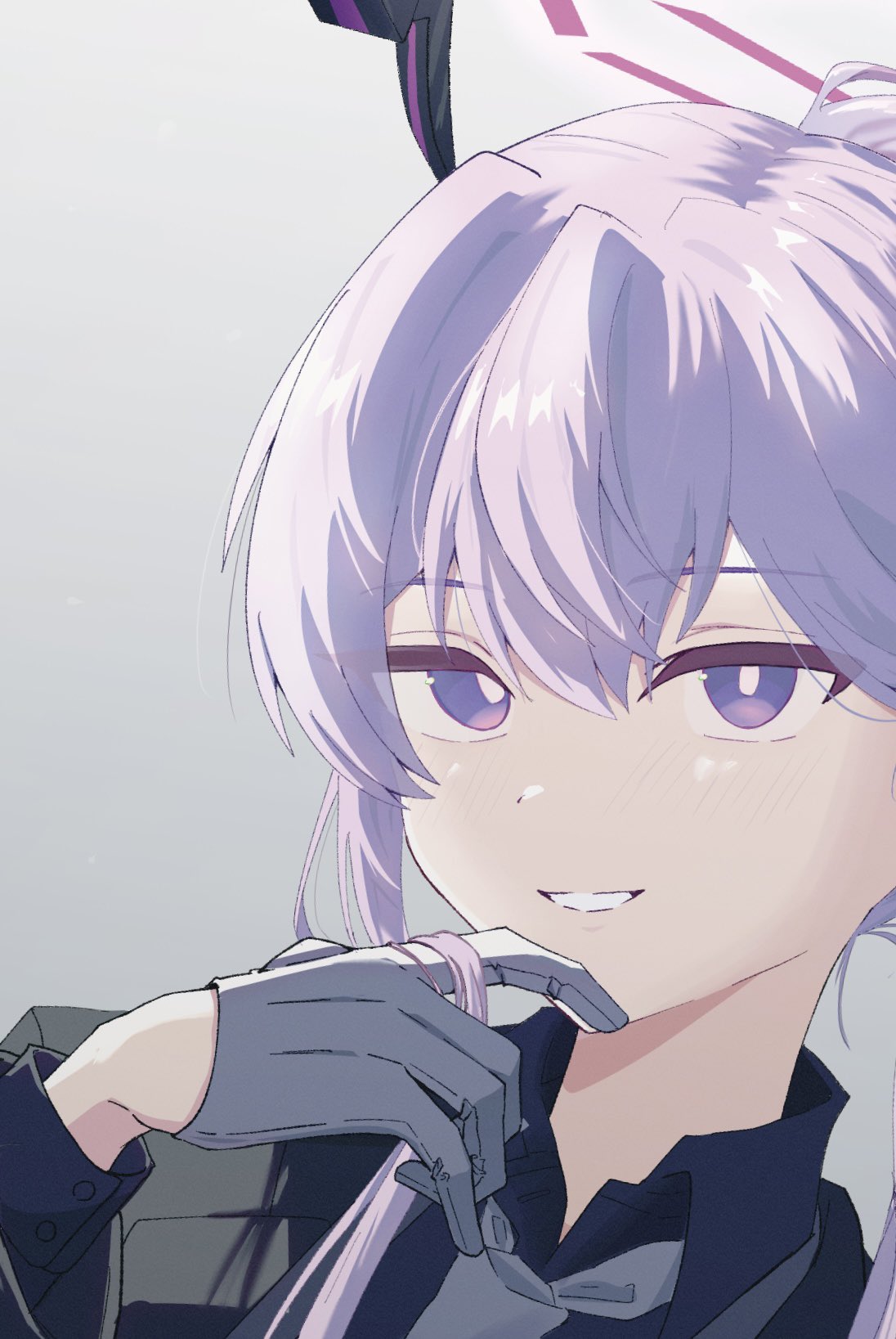 1girl, alternate_costume, black_jacket, black_shirt, blue_archive, bright_pupils, colalred_shirt, comiket_107