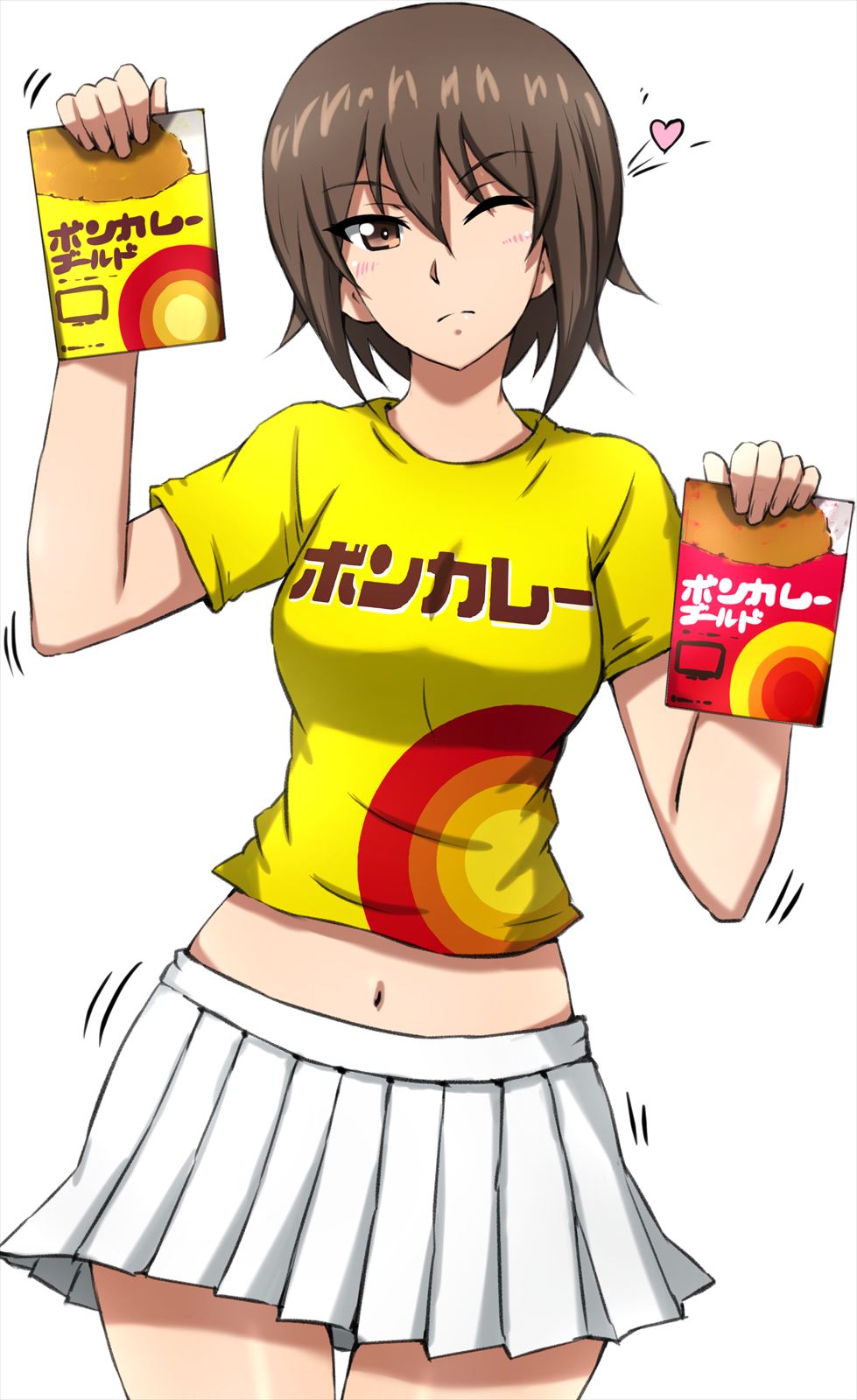 1girl, ;(, blush, bon_curry, breasts, brown_eyes, brown_hair, clothes_writing, crop_top, curry, curry_rice, food, girls_und_panzer, heart, highres, holding, large_breasts, looking_at_viewer, nishizumi_maho, omachi_(slabco), one_eye_closed, pleated_skirt, rice, shirt, simple_background, skirt, upper_body, white_background, white_skirt, yellow_skirt