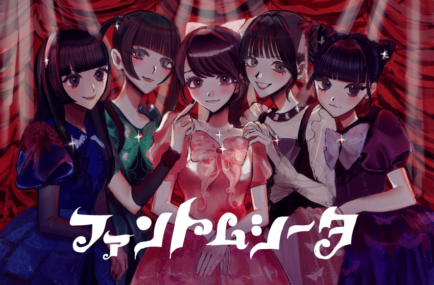 5girls, :3, absurdres, black_eyes, black_hair, black_nails, blue_dress, blush