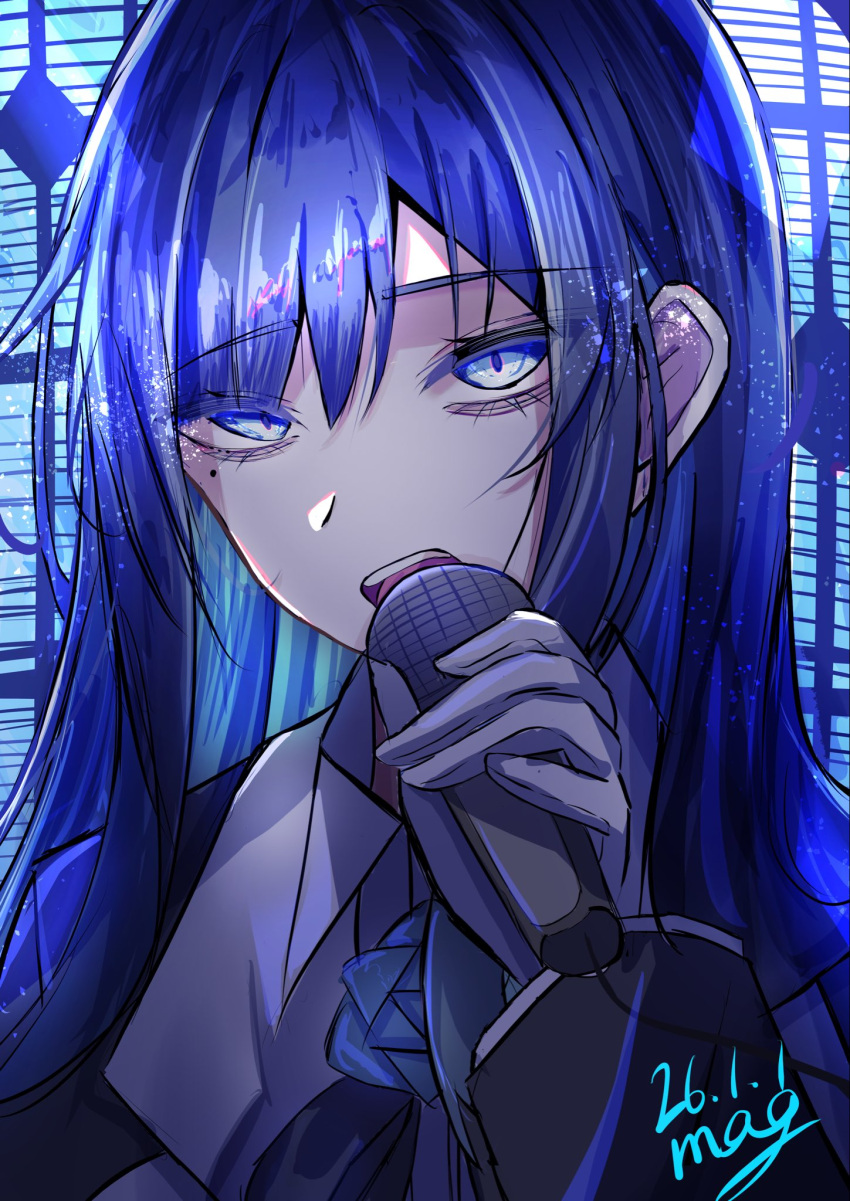 1girl, ado_(utaite), ado_box, blue_eyes, blue_hair, chando_(ado), commentary, gloves, highres, holding, holding_microphone, light_particles, long_hair, looking_at_viewer, megu_(9abgoluanvcjd7o), microphone, mole, mole_under_eye, open_mouth, solo, upper_body, utaite, white_gloves