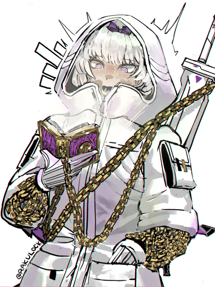 1girl, @_@, ^^^, book, bow, chain, commentary, cowboy_shot