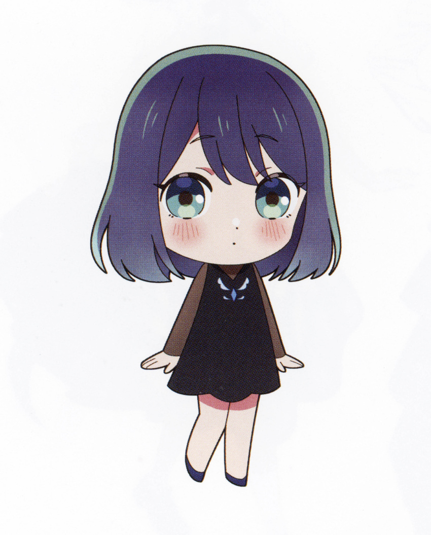 1girl, absurdres, arms_at_sides, black_dress, blue_eyes, blue_hair, blush, bob_cut, chibi, closed_mouth, dress, highres, kurokawa_akane, looking_at_viewer, non-web_source, official_art, oshi_no_ko, scan, self-scan, sheer_sleeves, short_hair, solo, white_background