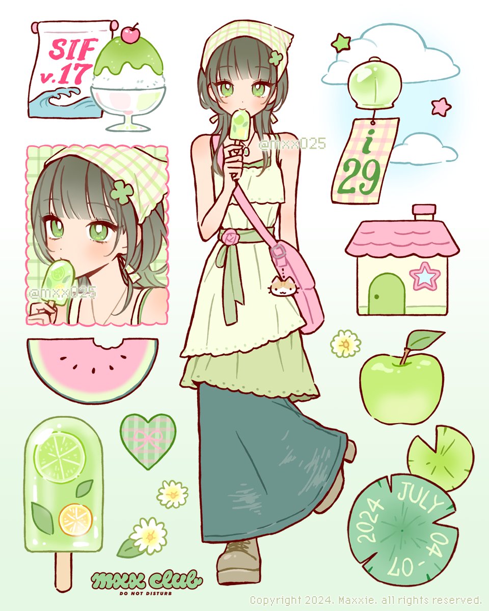1girl, apple, bag, boots, clover_hair_ornament, commentary_request, denim, denim_skirt