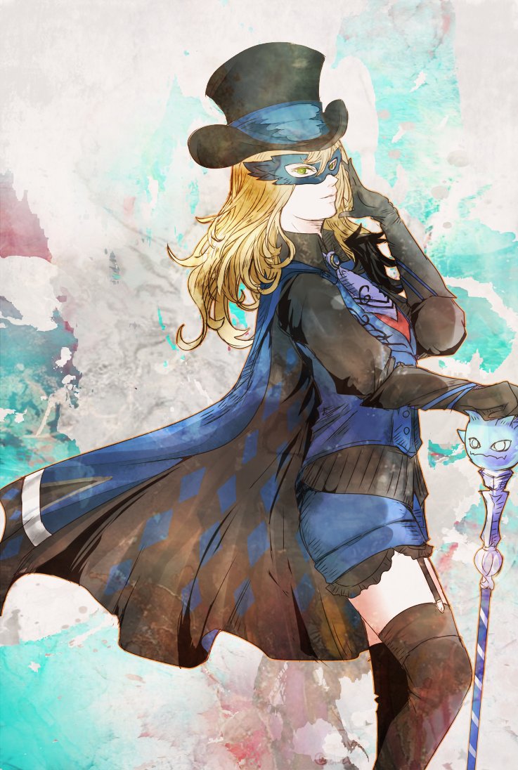 1girl, black_gloves, black_hat, black_thighhighs, blonde_hair, blue_mage_(final_fantasy), blue_necktie, blue_shorts