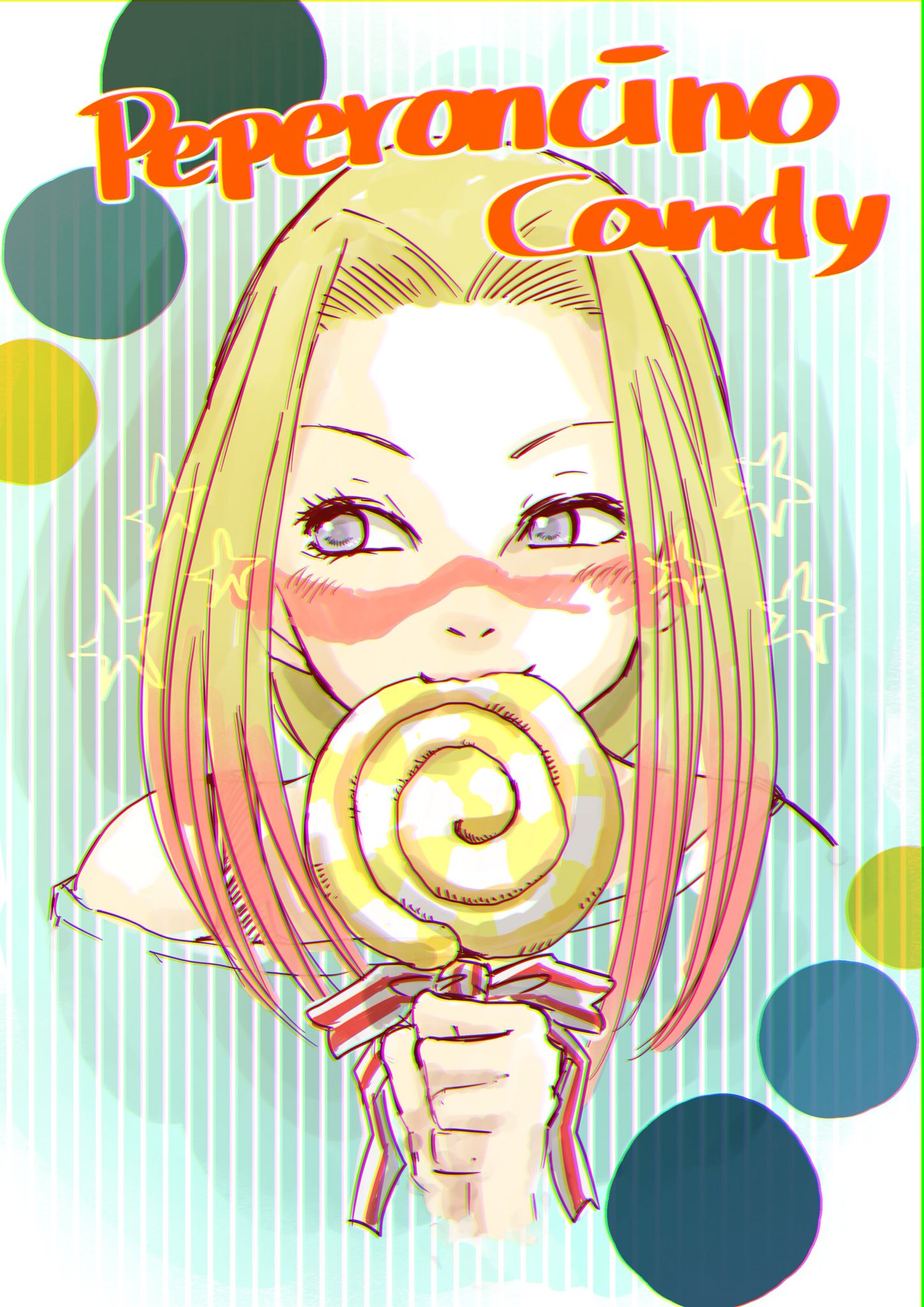 1girl, blonde_hair, candy, crescendeon, cropped_shoulders, food, highres, holding
