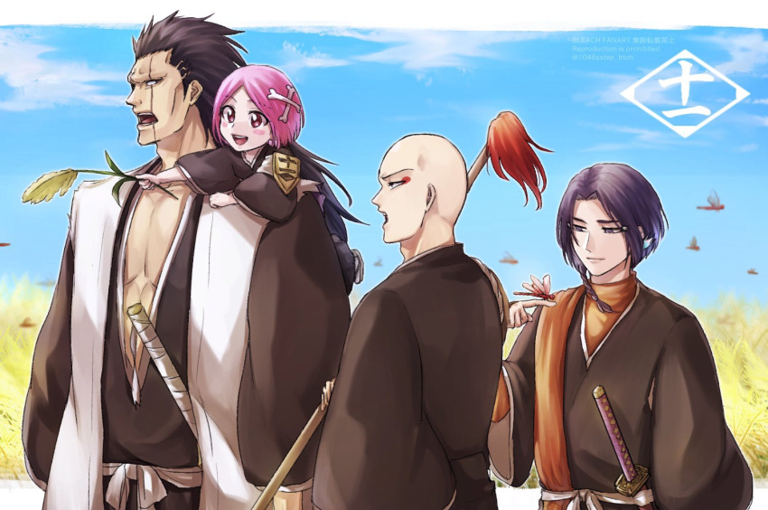1046sstep_btoh, 1girl, 3boys, ayasegawa_yumichika, bald, black_hair, bleach, bleach:_sennen_kessen-hen