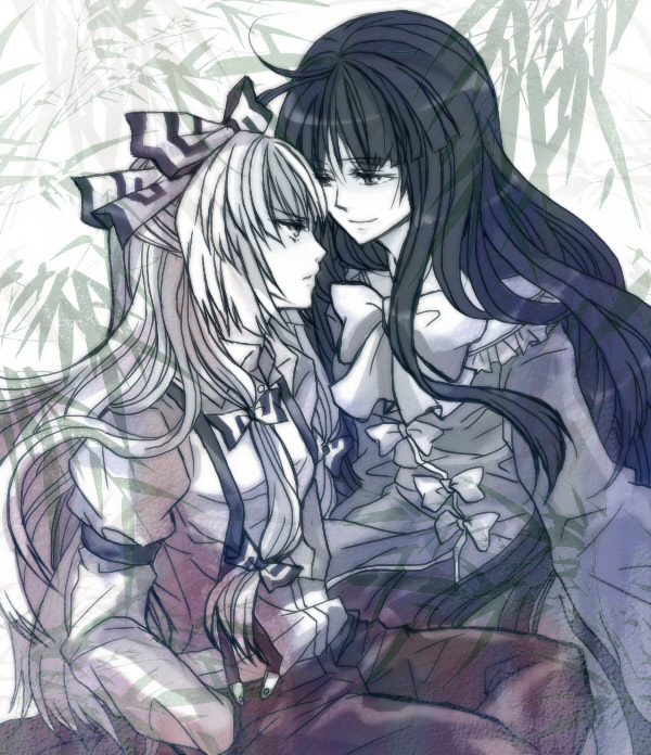 angry, bamboo, bamboo_forest, black_hair, blue, forest, fujiwara_no_mokou, hair_ribbon, hands_in_pockets, houraisan_kaguya, kegani, leaf, long_hair, long_sleeves, looking_up, monochrome, multiple_girls, nature, pants, profile, ribbon, rivalry, smile, suspenders, touhou, white_hair