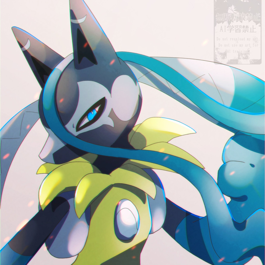 1other, blue_eyes, blue_hair, body_fur, clenched_hand, commentary_request, furry, grey_background, highres, kompeito_fox, lucario, mega_lucario_z, mega_pokemon, multicolored_hair, other_focus, pokemon, pokemon_(creature), pokemon_legends:_z-a, solo, two-tone_hair, white_hair