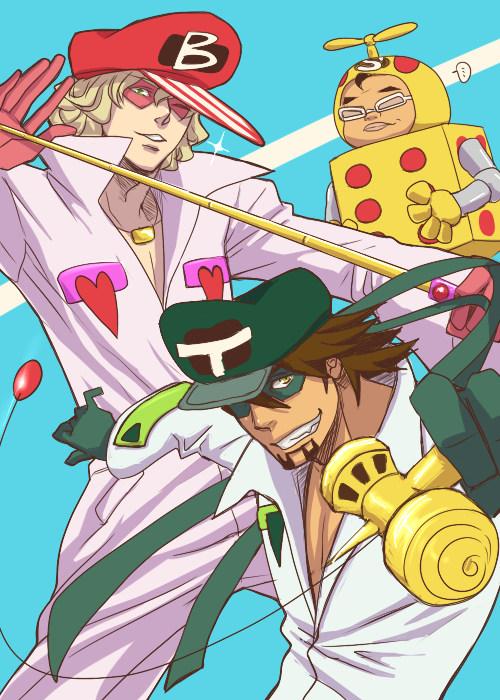 2boys, barnaby_brooks_jr, blonde_hair, bodysuit, brown_eyes, brown_hair, cosplay, facial_hair, green_eyes, hat, kaburagi_t_kotetsu, kaminari_ai, kaminari_ai_(cosplay), kedama, male_focus, mask, multiple_boys, omotchama, omotchama_(cosplay), parody, saitou_(tiger_&amp;_bunny), sapua, stubble, takada_gan, takada_gan_(cosplay), tiger_&amp;_bunny, time_bokan_(series), wink, yatterman