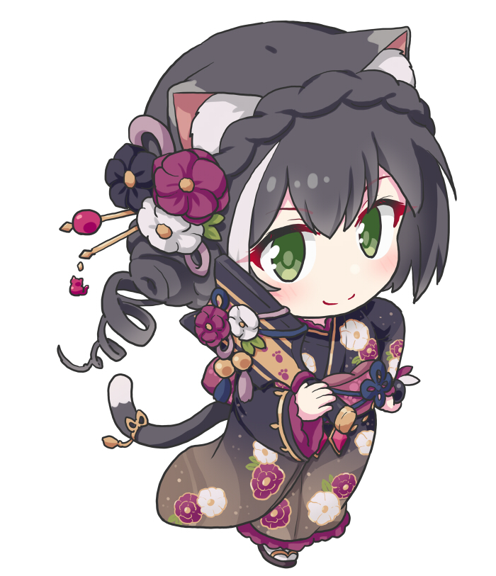 1girl, animal_ear_fluff, animal_ears, black_gaur, black_kimono, blush, cat_ears, cat_girl