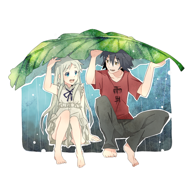 bad_id, barefoot, black_hair, blue_eyes, brown_eyes, dress, feet, honma_meiko, leaf_umbrella, long_hair, open_mouth, rain, silver_hair, sitting, smile, t-shirt, takumi_(scya), yadomi_jinta