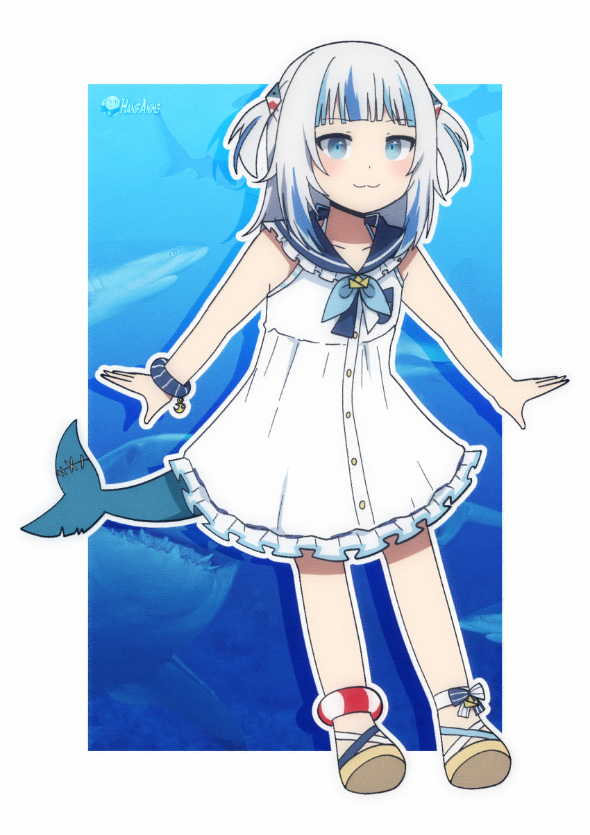 1girl, :3, anklet, artist_logo, artist_name, bare_arms, blue_background, blue_eyes