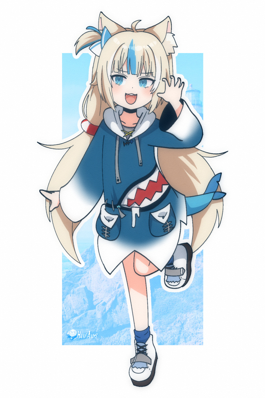 1girl, :d, ahoge, animal_ear_fluff, animal_ears, artist_logo, artist_name, blonde_hair